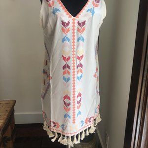 NWT Short Lightweight Pattern V-Neck Dress with Tassles